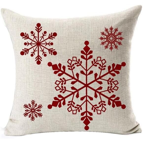 Set of 4 Throw Pillow Cover Christmas Beige Shadow Let It Snow Snowflakes Red - Picture 4 of 6